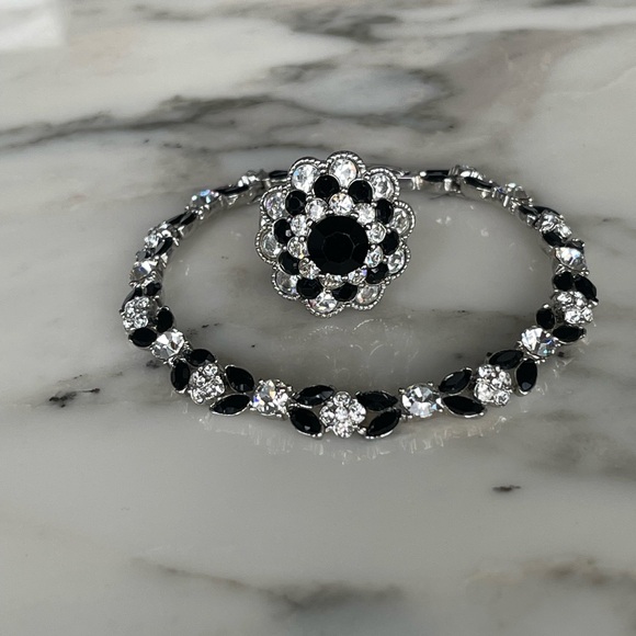 Jewelry - Chic Black and Silver Bracelet and Cocktail Ring set with Floral Design
